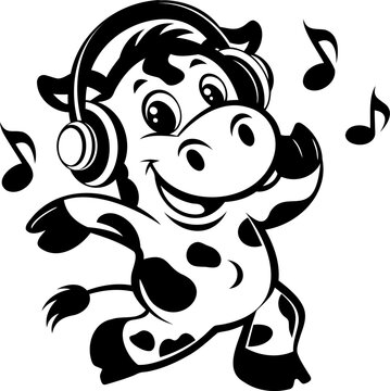 Cheerful dancing cow with headphones