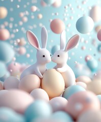 Fototapeta premium Two white rabbits rest peacefully atop a colorful pile of eggs, embodying the charm of springtime and festive celebrations.