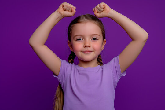 a 6 year old girl celebrating international women's day (March 8), purple background