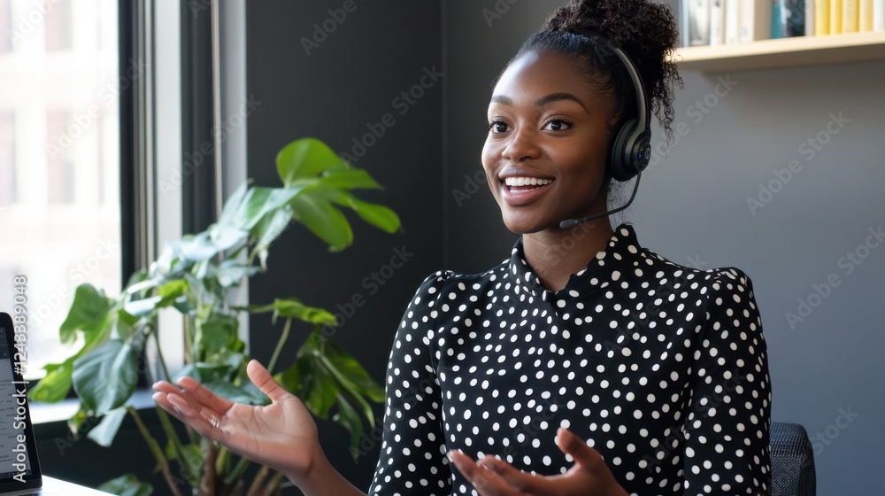Poster stylish modern workspace for virtual meetings highlighting a young professional engaging with client