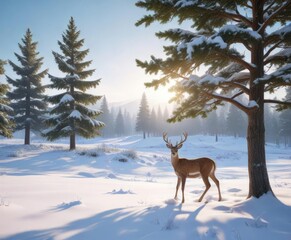Snow-covered countryside with a decorated evergreen tree and graceful deer roaming nearby, serene atmosphere, woodland creatures, snowdrifts, wilderness, holiday tradition