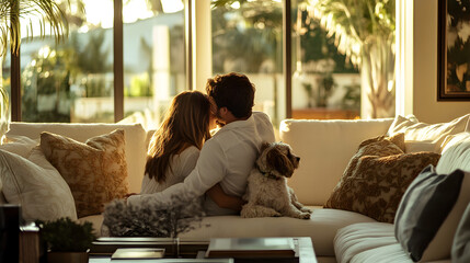 sharing a moment of affection with their dog in a beautifully decorated home 