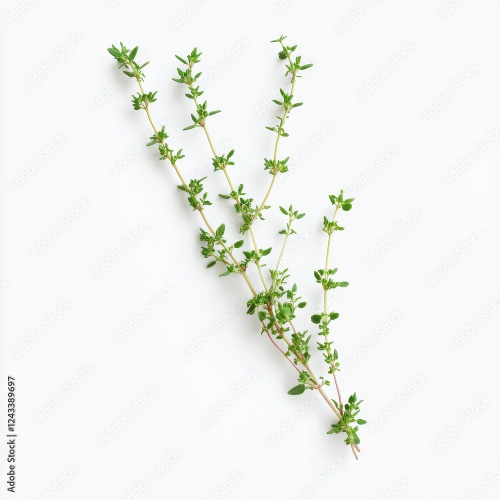 Poster sprig of fresh thyme with green leaves arranged on a plain background for culinary and gardening use