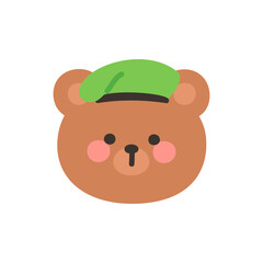 Korean Style Bear Head Cartoon with Green Military Beret