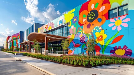 Pediatric hospital with a playful exterior, featuring colorful murals and whimsical architectural elements that create a cheerful environment -