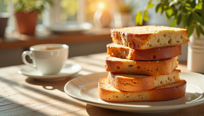 Freshly sliced brioche stack in sunlit dining room, breakfast delight