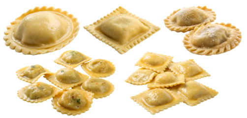 Set of Italian ravioli isolated on a transparent background. Ravioli day concept, delicious food.