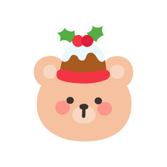 Korean Style Bear Head Cartoon with Festive Christmas Pudding Hat and Holly