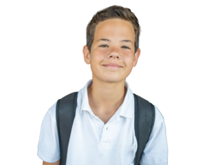 smiling pre teen student boy carrying schoolbag isolated over transparent background. PNG transparent
