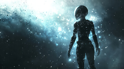 futuristic cyborg figure stands in cosmic environment, surrounded by digital aura and sparkling stars. scene evokes sense of wonder and exploration