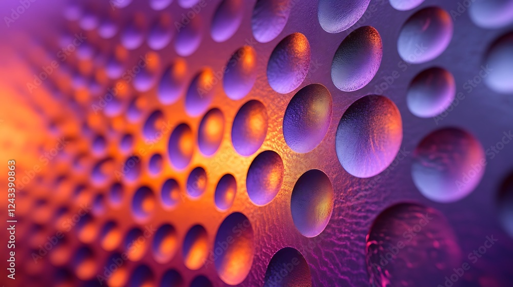 Poster close-up of a metallic texture with purple lighting and circular dots.