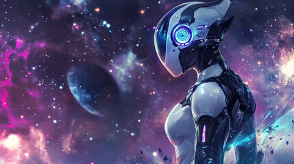 Naklejka premium futuristic cyborg girl stands in cosmic setting, surrounded by vibrant galaxies and planets. Her digital aura glows, reflecting advanced technology and sense of wonder