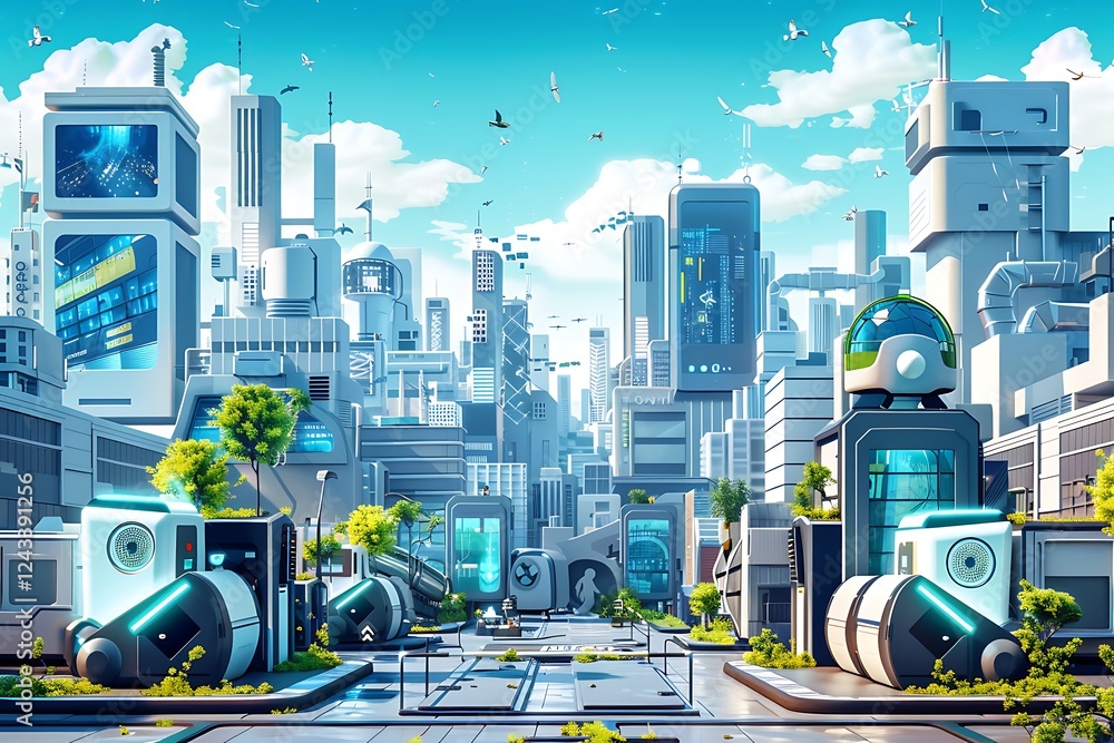 Poster a futuristic city with advanced waste management systems, recycling robots, and smart waste bins tha