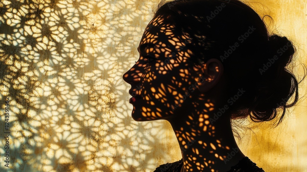 Poster serene woman illuminated by intricate shadows cast on her face in a tranquil setting