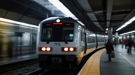 Fototapeta premium Commuter Train Arriving at Station: A modern commuter train pulls into a bustling underground station, with a passenger walking calmly towards it, conveying a sense of daily urban life and transit. 