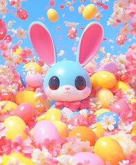 Obraz premium A delightful small toy bunny nestled among a vibrant assortment of colorful balloons, creating a cheerful and playful atmosphere.