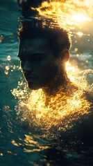 Serene portrait of a man glowing with sunlight while immersed in water during a tranquil moment at dawn