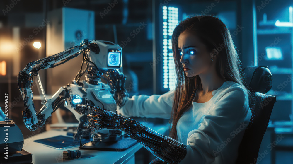 Poster cyborg girl interacts with digital companion futuristic tech environment, showcasing advanced roboti