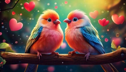 A cartoon-style lovebirds couple sitting on a branch with tiny heart bubbles.