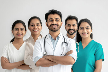 A group of malayali people smiling, with a doctor holding a stethoscope in the middle, on a white background