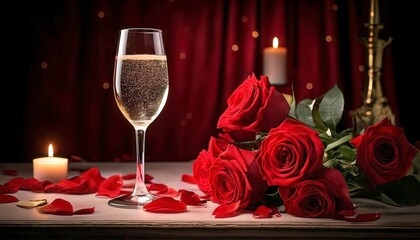 A classic romantic setup with a champagne glass, candlelight, and scattered red roses.