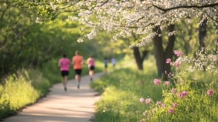 Fototapeta premium Scenic jogging trail with runners enjoying a sunny day amidst blooming flowers and greenery