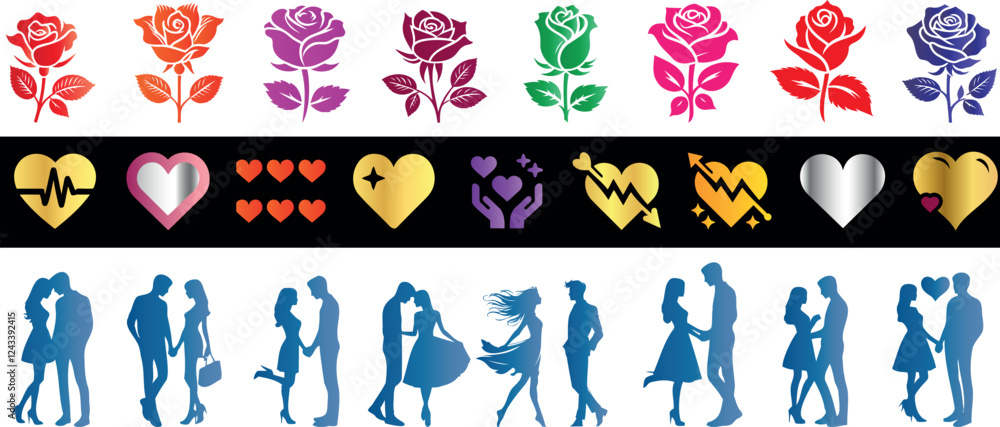 Wall mural romantic silhouette couples, colorful roses vector, gold and silver hearts, heartbeat icons, love th