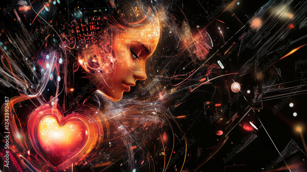 Poster digital art of cyborg girl with glowing heart, surrounded by vibrant data streams and abstract eleme