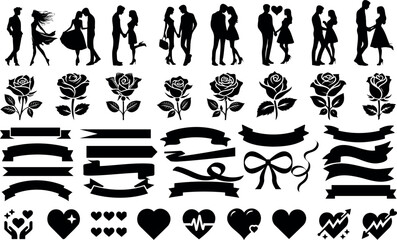 Romantic silhouette set, heart icon, rose illustration, love themed ribbons, banners, bows, and Valentine graphics in black. Perfect for romantic designs, greeting cards, and Valentine theme project