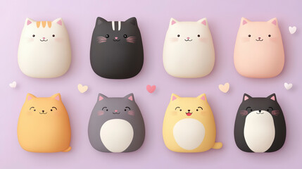 Adorable cute cat figurines on purple background, perfect for cat lovers. Enhance your d?cor with charming feline designs today.
