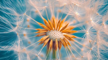 Close-up of a white dandelion flower with seeds flying against a blue sky background, suitable for a banner design.
