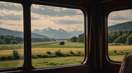 Mountain Vista Through Train Window: Witness breathtaking mountain scenery unfolding before you, seen from the comfort of a vintage train carriage.