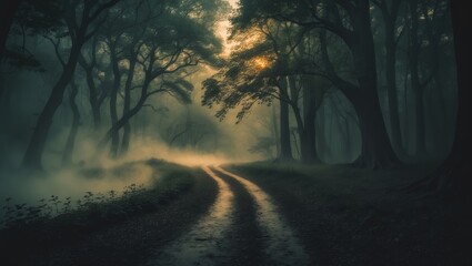Naklejka premium Mysterious winding path through a foggy forest at dawn invites exploration and adventure