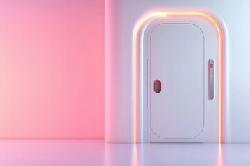 a modern futuristic silver edge door or portal with key hole for gaming interface with color lighting