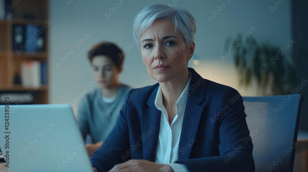Poster professional woman engages in important work while a colleague sits in the background during evening