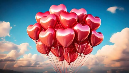 A cluster of glossy red and pink heart-shaped balloons floating in a pastel sky.