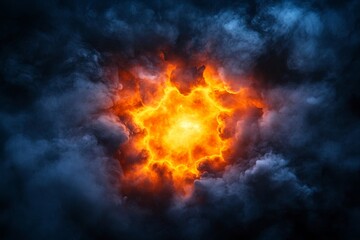 Fototapeta premium Fiery Heart of the Storm - A vibrant explosion of fiery orange and yellow hues within a swirling mass of dark smoke and clouds. Symbolizing power, energy, chaos, creation, and destruction.