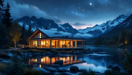Fototapeta premium Modern Lake House Mountain View Night Scene Peaceful Landscape