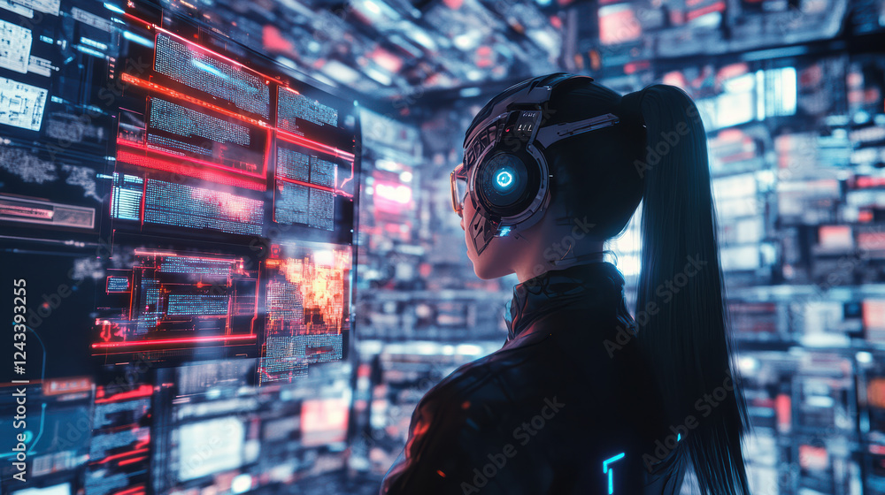 Poster cyborg girl with digital interface, immersed in high tech environment, analyzes data on glowing scre