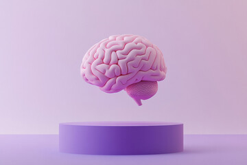 a pink 3d brain floating on a dark violet purple stage on light grey background.
