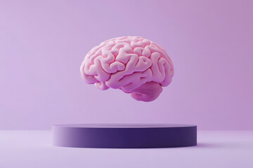 a pink 3d brain floating on a dark violet purple stage on light grey background.