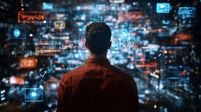 A Caucasian man enjoys an immersive 3D experience, visualizing animated social media and internet content as he surfs the computer network.