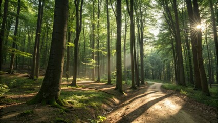Obraz premium Soft focus captures the serene beauty of a forest illuminated by dappled sunlight, peaceful atmosphere, natural light, woodland setting, green foliage
