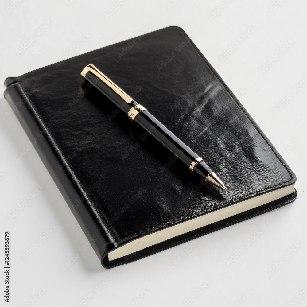 Poster polished black leather notebook and pen ready for writing in an elegant workspace setting