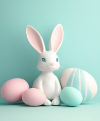 Obraz premium A white rabbit is positioned beside a collection of vibrant, decorated eggs, creating a festive and colorful scene.