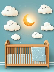 Obraz premium Moon Nursery Room Decor with wooden baby crib and glowing stars creating dreamy night sky atmosphere for peaceful infant sleep, cozy Moon Nursery Room Decor concept for baby room interior design 
