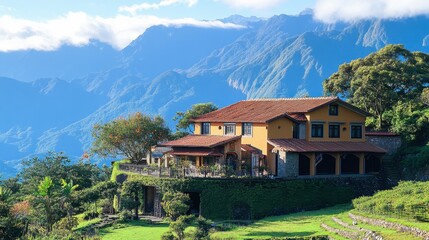 Naklejka premium Scenic Mountain View of a Cozy House Surrounded by Lush Greenery