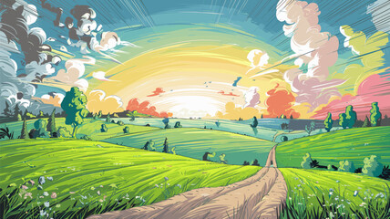 Obraz premium Sunlit Landscape with Path and Clouds