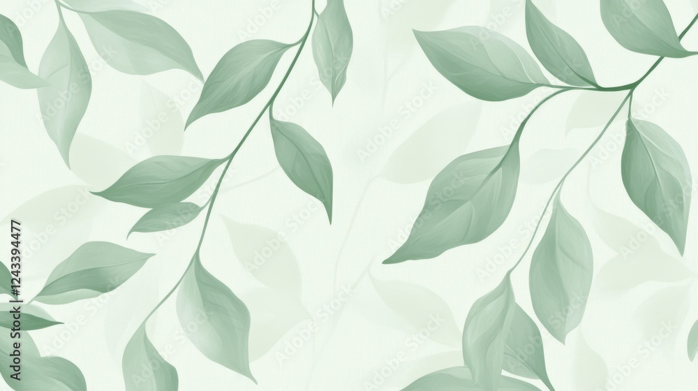 Poster a soothing pale sage green background featuring delicate leaves and seamless pattern for calming vis