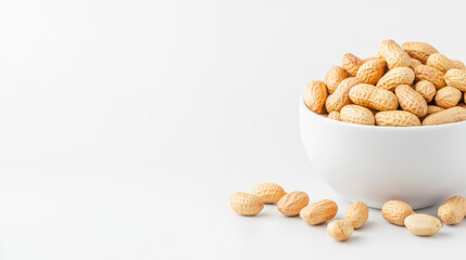 Fresh, crunchy peanuts in a white bowl on clean background. Perfect for snacking, cooking, baking, or healthy recipes.